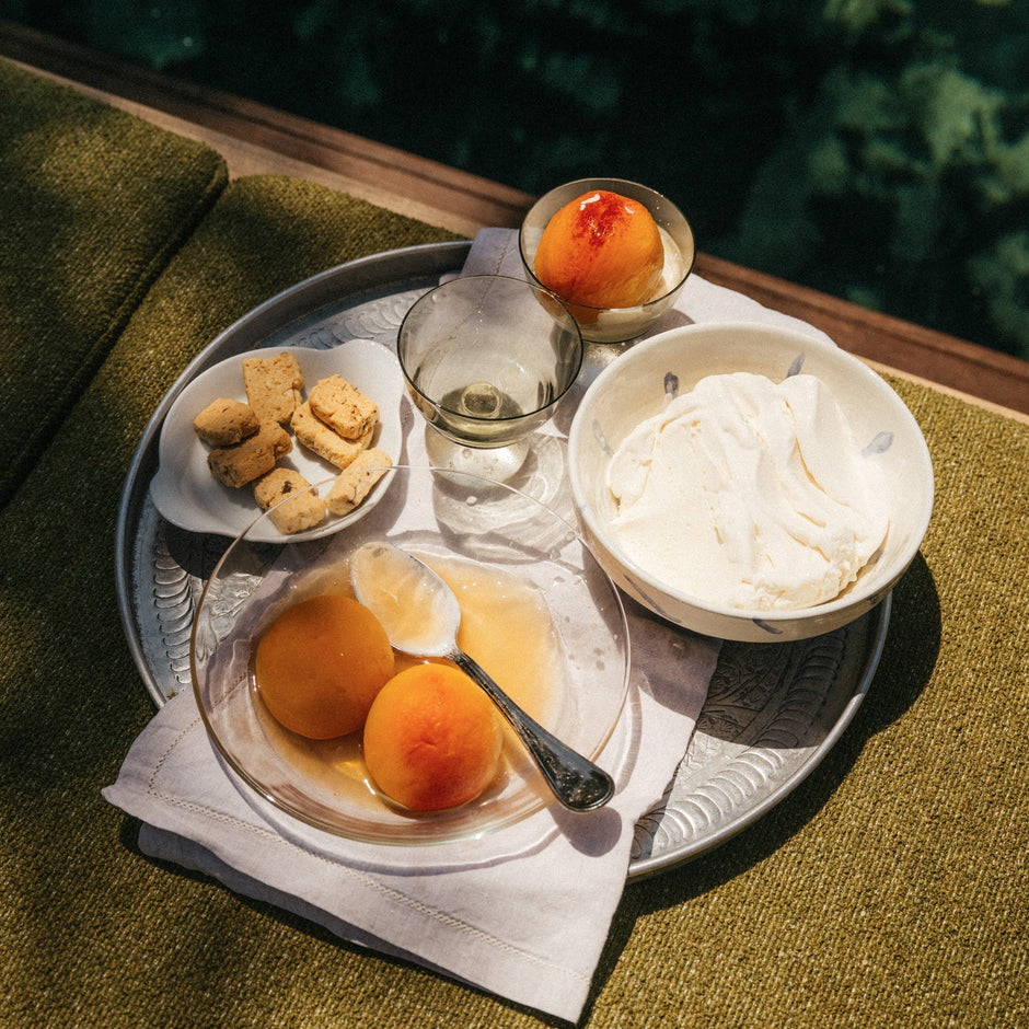 Percoche in vino bianco with yogurt gelato