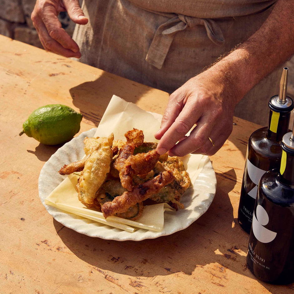 Fritto of sage, fiore di zucca and anchovies